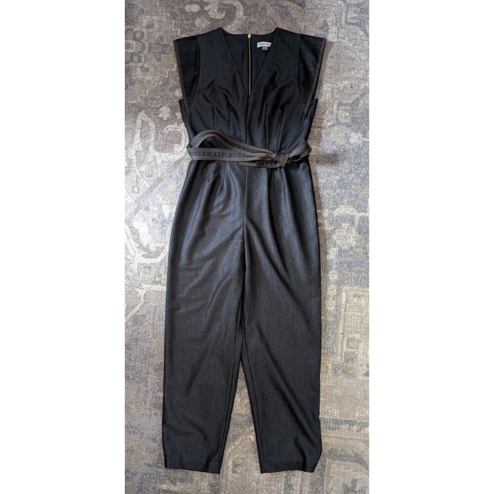 Calvin Klein tulip Sleeves Black Blue Glitter belted Jumpsuit 4 Women's Office
